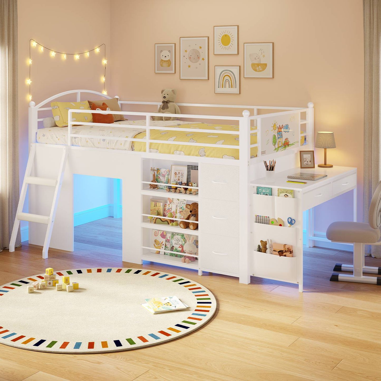 ADORNEVE Low Loft Bed with Desk and 5 Storage Drawers Twin Loft Bed with Bookshelf and Blackboard Kids LED Loft Beds with Safety Guardrail and Inclined Ladder Under-Bed Play Space