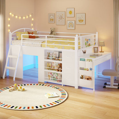 ADORNEVE Low Loft Bed with Desk and 5 Storage Drawers Twin Loft Bed with Bookshelf and Blackboard Kids LED Loft Beds with Safety Guardrail and Inclined Ladder Under-Bed Play Space