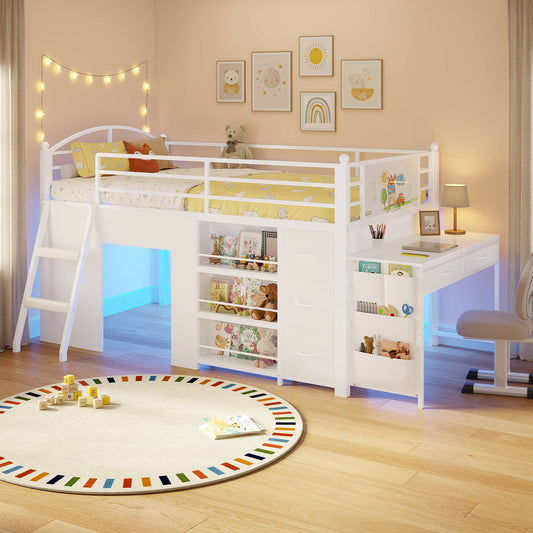 ADORNEVE Low Loft Bed with Desk and 5 Storage Drawers Twin Loft Bed with Bookshelf and Blackboard Kids LED Loft Beds with Safety Guardrail and Inclined Ladder Under-Bed Play Space