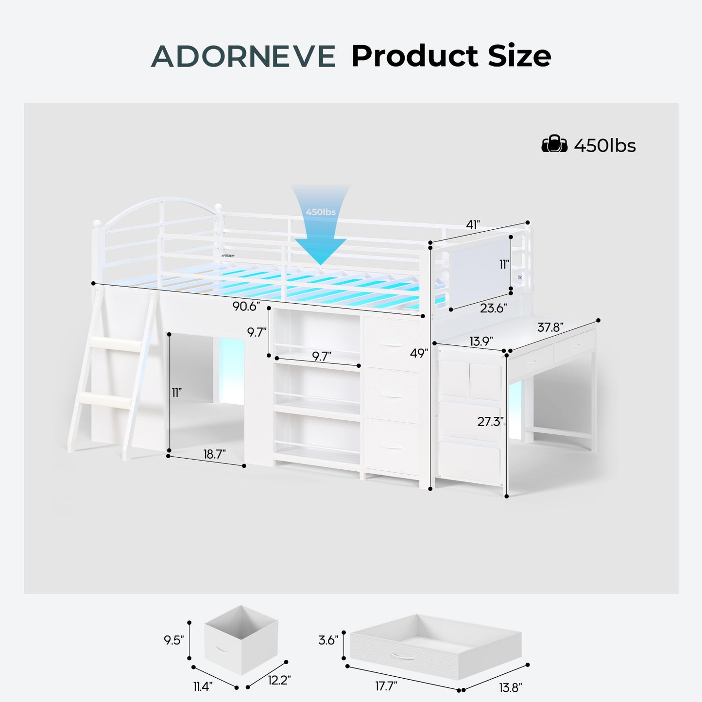 ADORNEVE Low Loft Bed with Desk and 5 Storage Drawers Twin Loft Bed with Bookshelf and Blackboard Kids LED Loft Beds with Safety Guardrail and Inclined Ladder Under-Bed Play Space