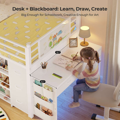ADORNEVE Low Loft Bed with Desk and 5 Storage Drawers Twin Loft Bed with Bookshelf and Blackboard Kids LED Loft Beds with Safety Guardrail and Inclined Ladder Under-Bed Play Space