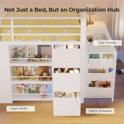 ADORNEVE Low Loft Bed with Desk and 5 Storage Drawers Twin Loft Bed with Bookshelf and Blackboard Kids LED Loft Beds with Safety Guardrail and Inclined Ladder Under-Bed Play Space