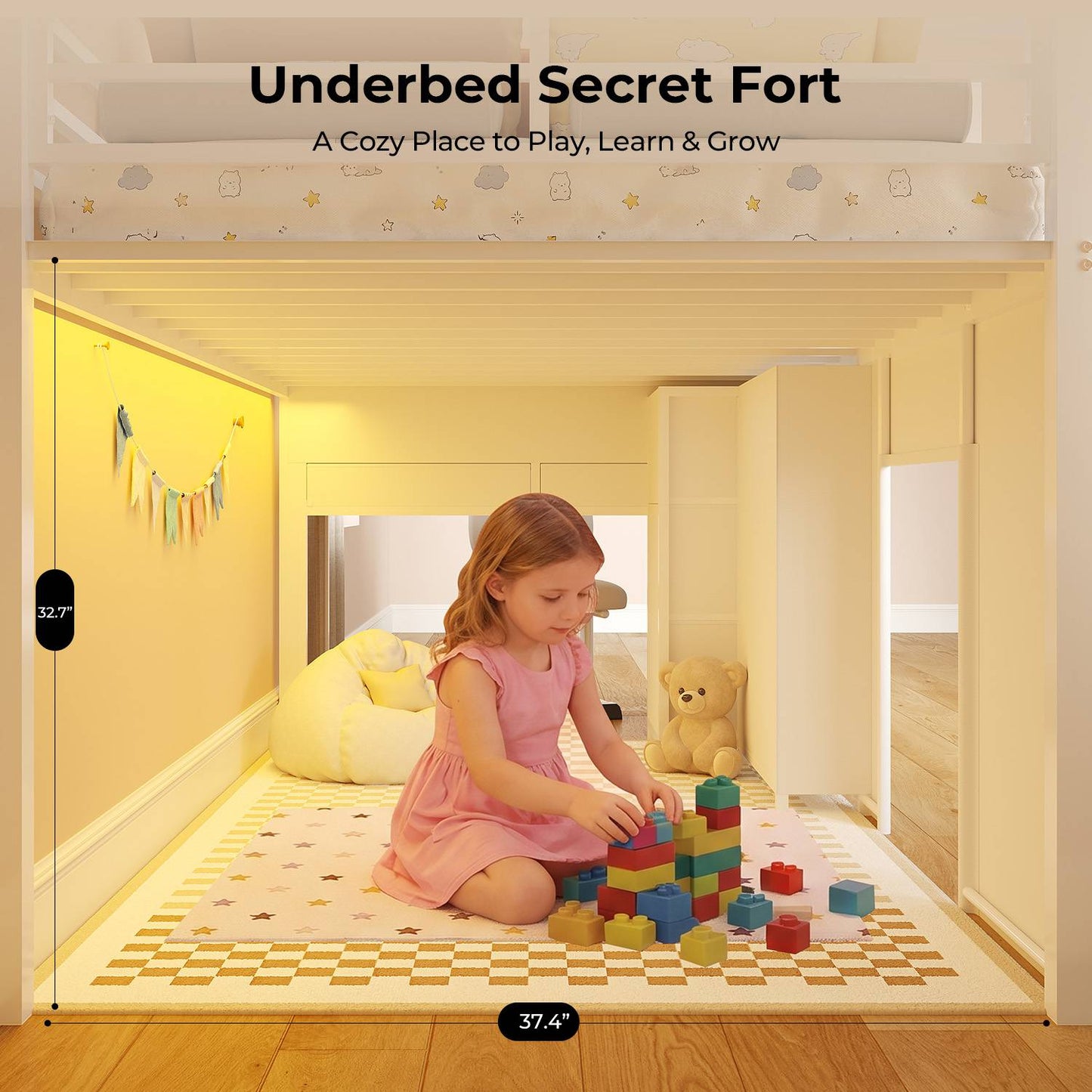 ADORNEVE Low Loft Bed with Desk and 5 Storage Drawers Twin Loft Bed with Bookshelf and Blackboard Kids LED Loft Beds with Safety Guardrail and Inclined Ladder Under-Bed Play Space
