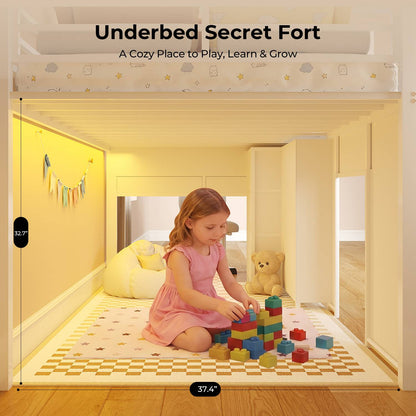 ADORNEVE Low Loft Bed with Desk and 5 Storage Drawers Twin Loft Bed with Bookshelf and Blackboard Kids LED Loft Beds with Safety Guardrail and Inclined Ladder Under-Bed Play Space
