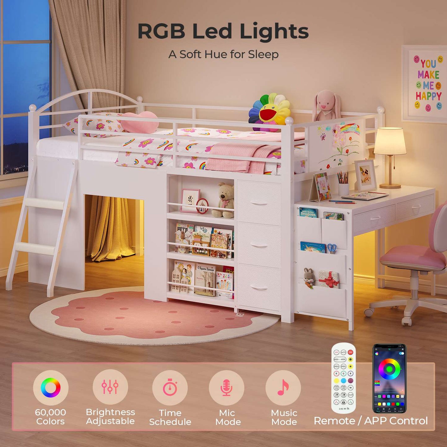 ADORNEVE Low Loft Bed with Desk and 5 Storage Drawers Twin Loft Bed with Bookshelf and Blackboard Kids LED Loft Beds with Safety Guardrail and Inclined Ladder Under-Bed Play Space