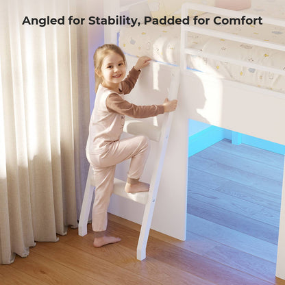 ADORNEVE Low Loft Bed with Desk and 5 Storage Drawers Twin Loft Bed with Bookshelf and Blackboard Kids LED Loft Beds with Safety Guardrail and Inclined Ladder Under-Bed Play Space