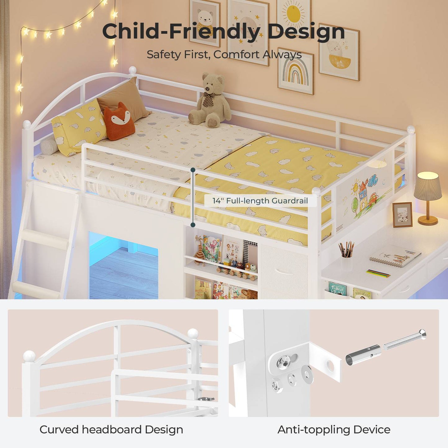 ADORNEVE Low Loft Bed with Desk and 5 Storage Drawers Twin Loft Bed with Bookshelf and Blackboard Kids LED Loft Beds with Safety Guardrail and Inclined Ladder Under-Bed Play Space