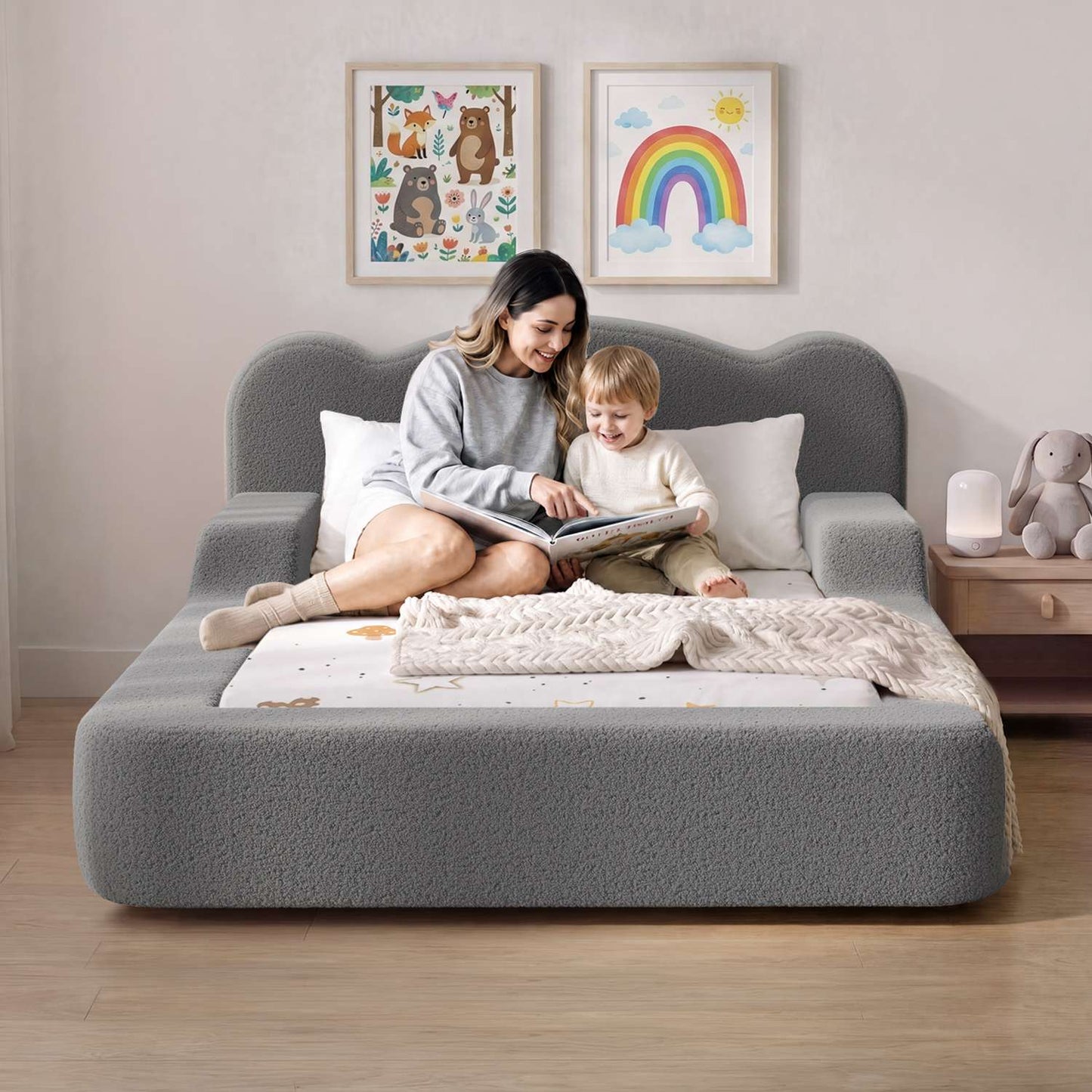 ADORNEVE Toddler Twin Floor Bed with Upholstered Low Montessori Bed with Safety Guardrails 6 Inch Foam Cushioned