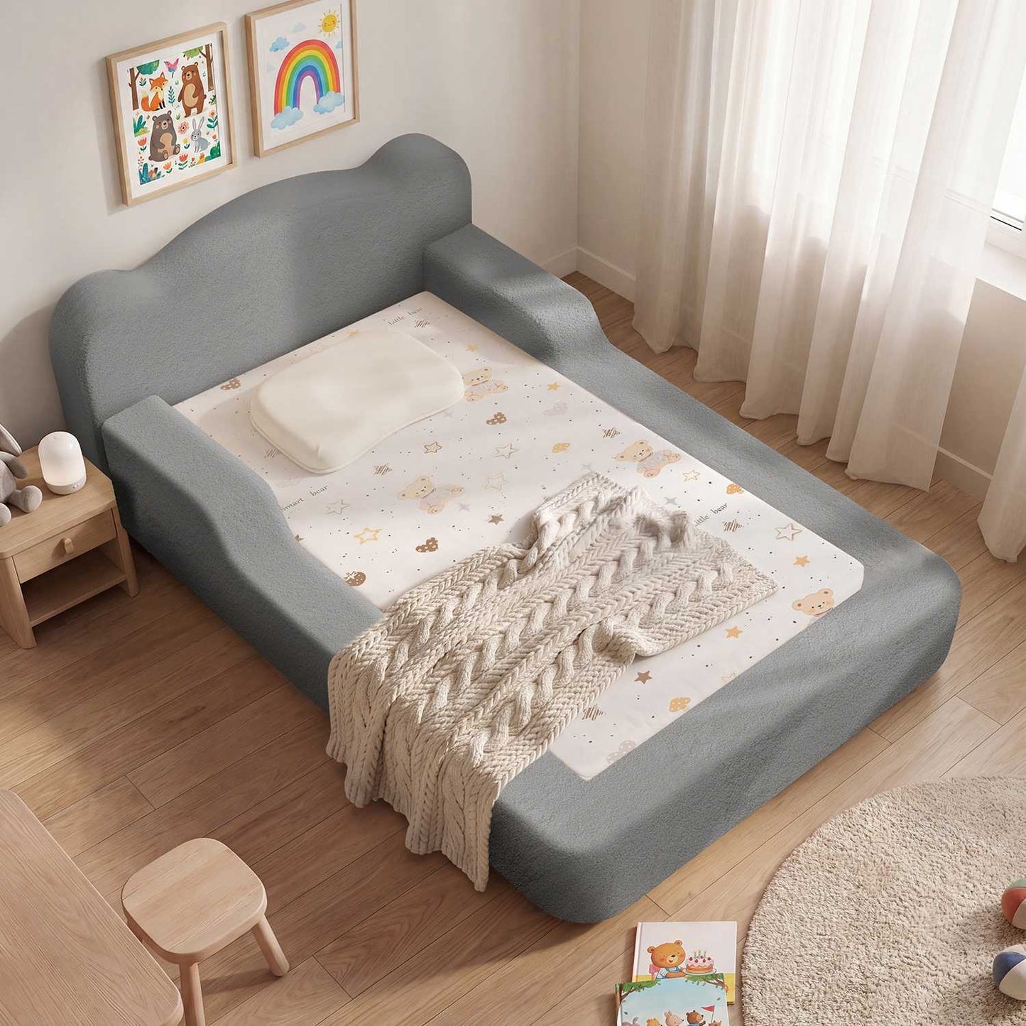 ADORNEVE Toddler Twin Floor Bed with Upholstered Low Montessori Bed with Safety Guardrails 6 Inch Foam Cushioned