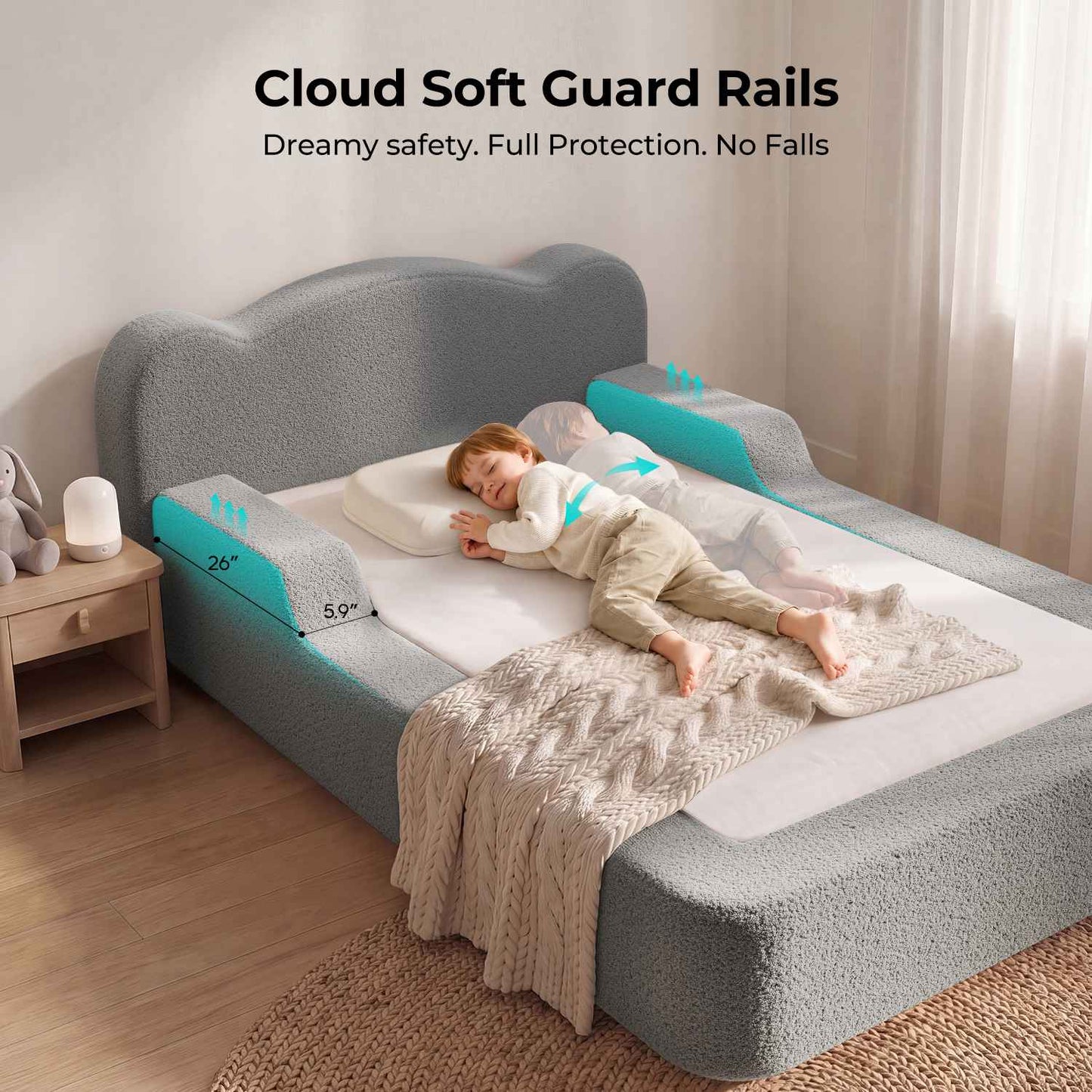 ADORNEVE Toddler Twin Floor Bed with Upholstered Low Montessori Bed with Safety Guardrails 6 Inch Foam Cushioned