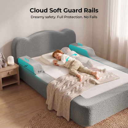 ADORNEVE Toddler Twin Floor Bed with Upholstered Low Montessori Bed with Safety Guardrails 6 Inch Foam Cushioned