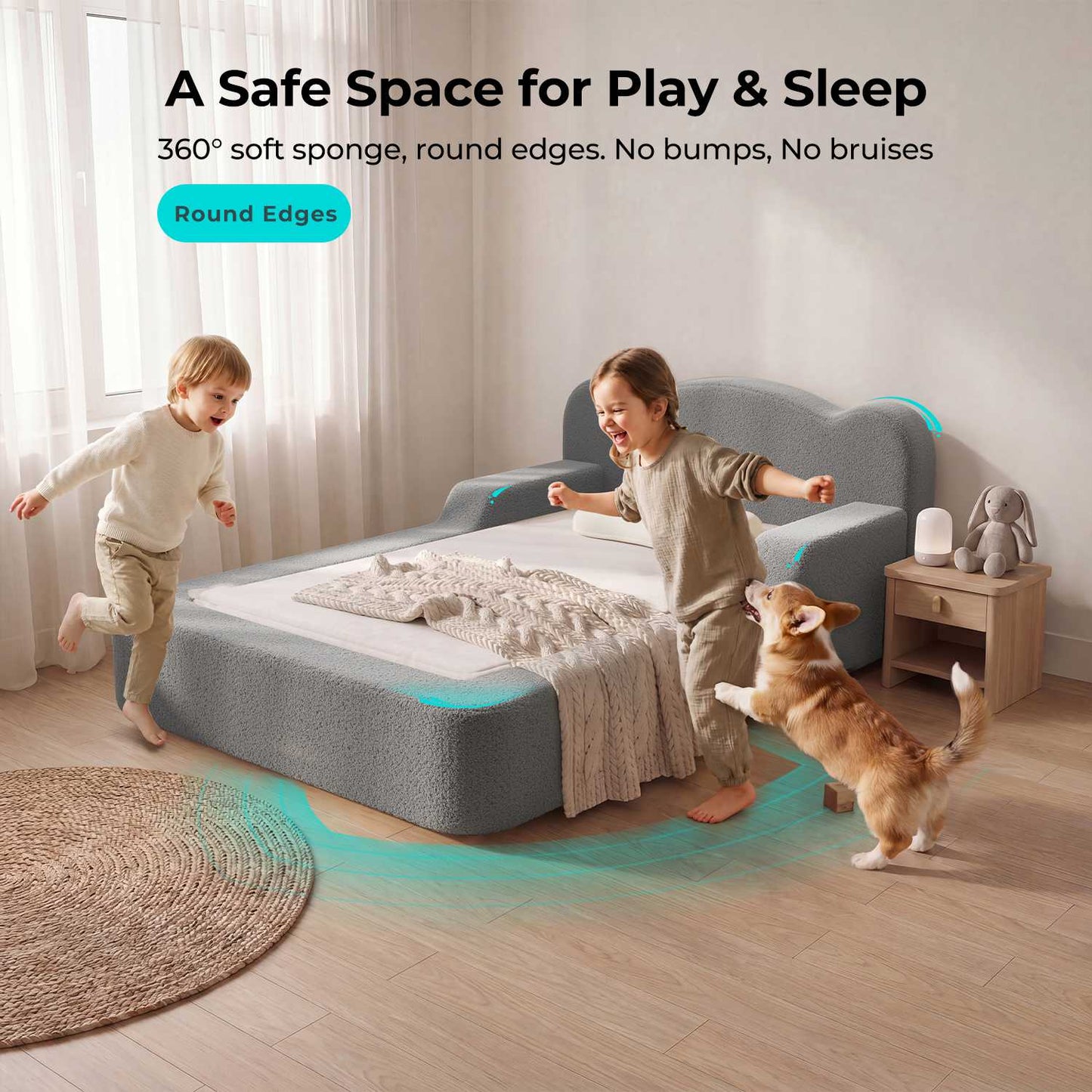 ADORNEVE Toddler Twin Floor Bed with Upholstered Low Montessori Bed with Safety Guardrails 6 Inch Foam Cushioned