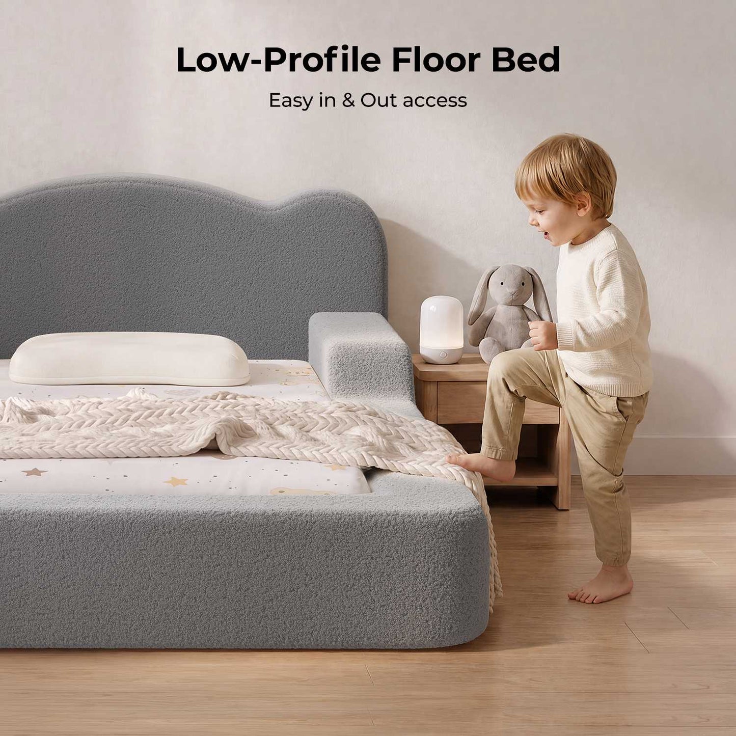 ADORNEVE Toddler Twin Floor Bed with Upholstered Low Montessori Bed with Safety Guardrails 6 Inch Foam Cushioned