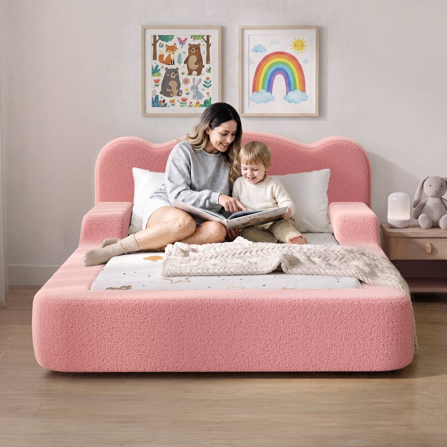 ADORNEVE Toddler Twin Floor Bed with Upholstered Low Montessori Bed with Safety Guardrails 6 Inch Foam Cushioned