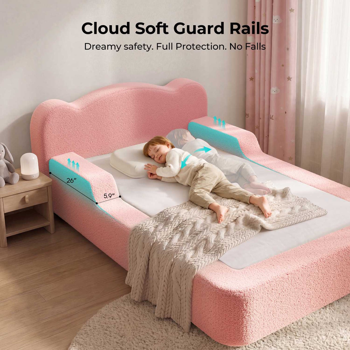ADORNEVE Toddler Twin Floor Bed with Upholstered Low Montessori Bed with Safety Guardrails 6 Inch Foam Cushioned