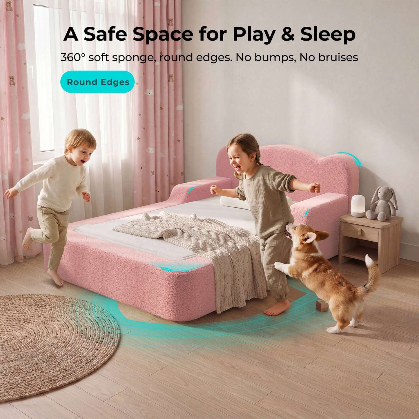 ADORNEVE Toddler Twin Floor Bed with Upholstered Low Montessori Bed with Safety Guardrails 6 Inch Foam Cushioned