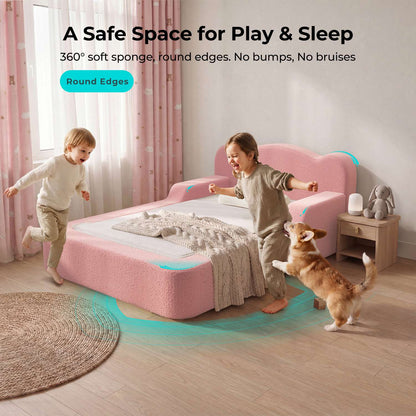 ADORNEVE Toddler Twin Floor Bed with Upholstered Low Montessori Bed with Safety Guardrails 6 Inch Foam Cushioned