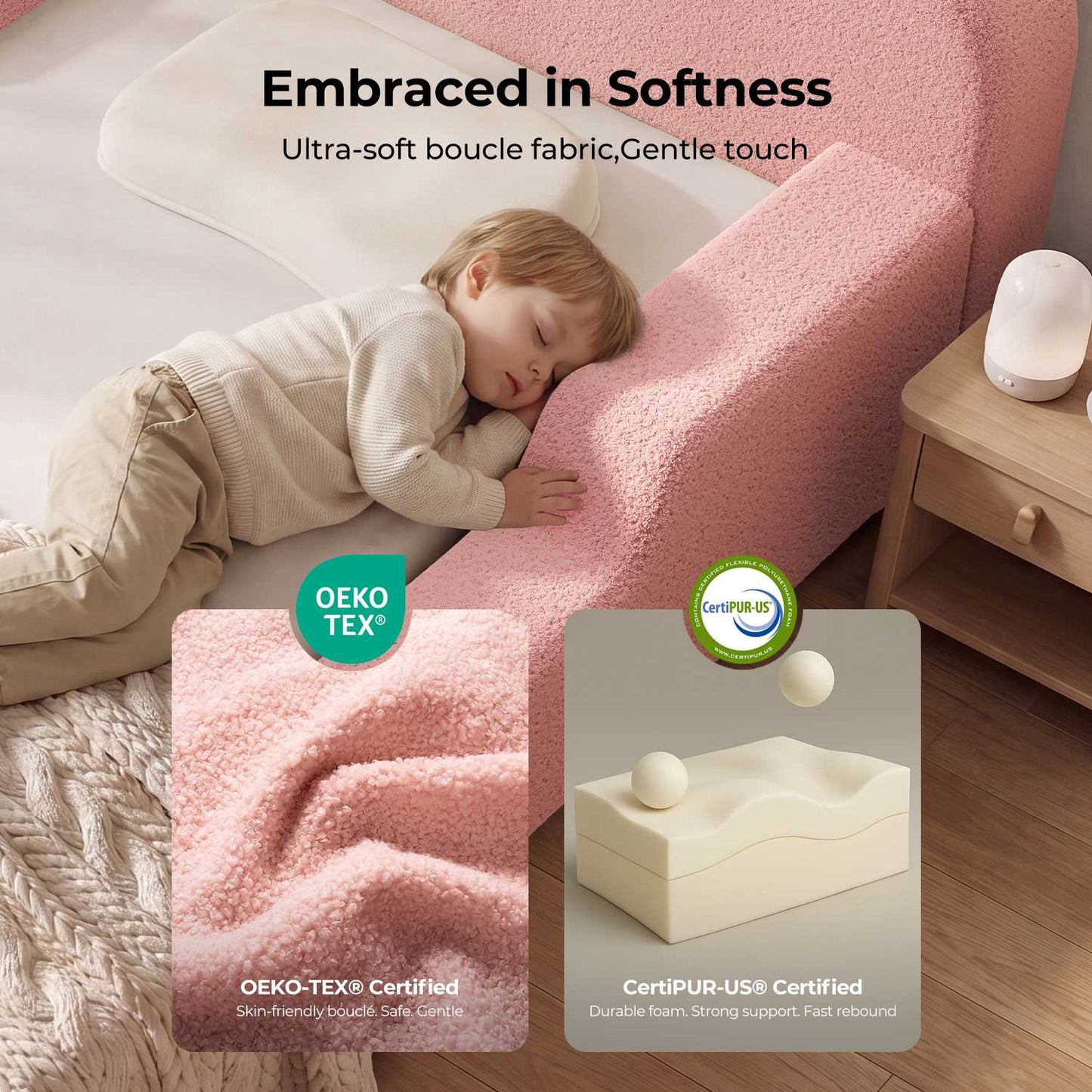 ADORNEVE Toddler Twin Floor Bed with Upholstered Low Montessori Bed with Safety Guardrails 6 Inch Foam Cushioned