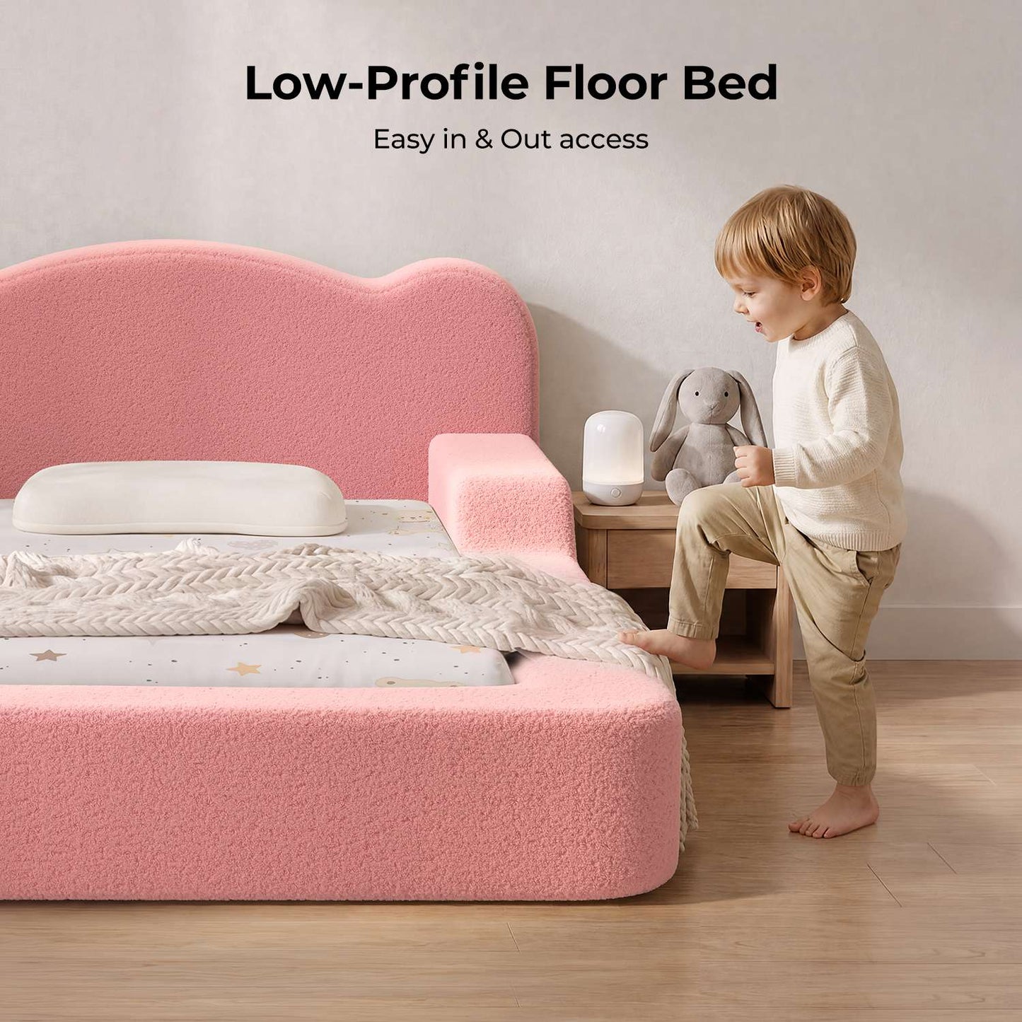 ADORNEVE Toddler Twin Floor Bed with Upholstered Low Montessori Bed with Safety Guardrails 6 Inch Foam Cushioned