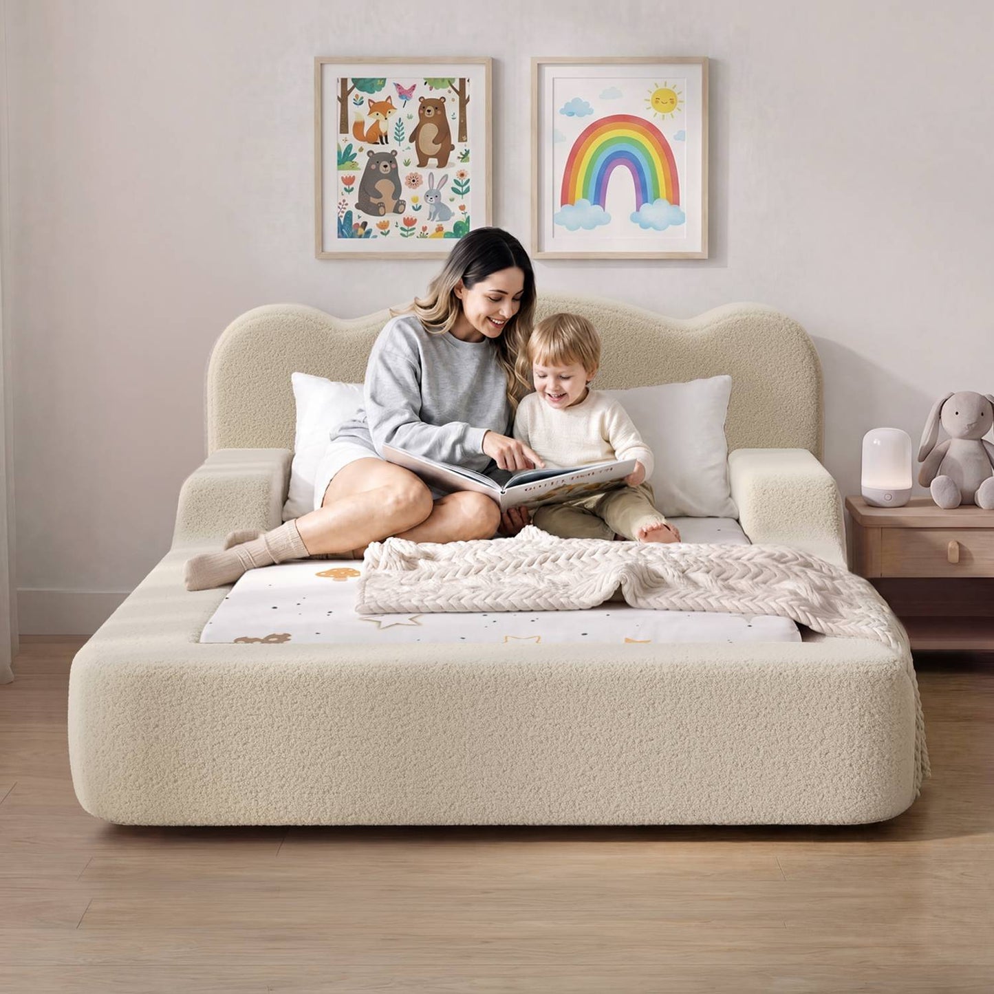 ADORNEVE Toddler Twin Floor Bed with Upholstered Low Montessori Bed with Safety Guardrails 6 Inch Foam Cushioned