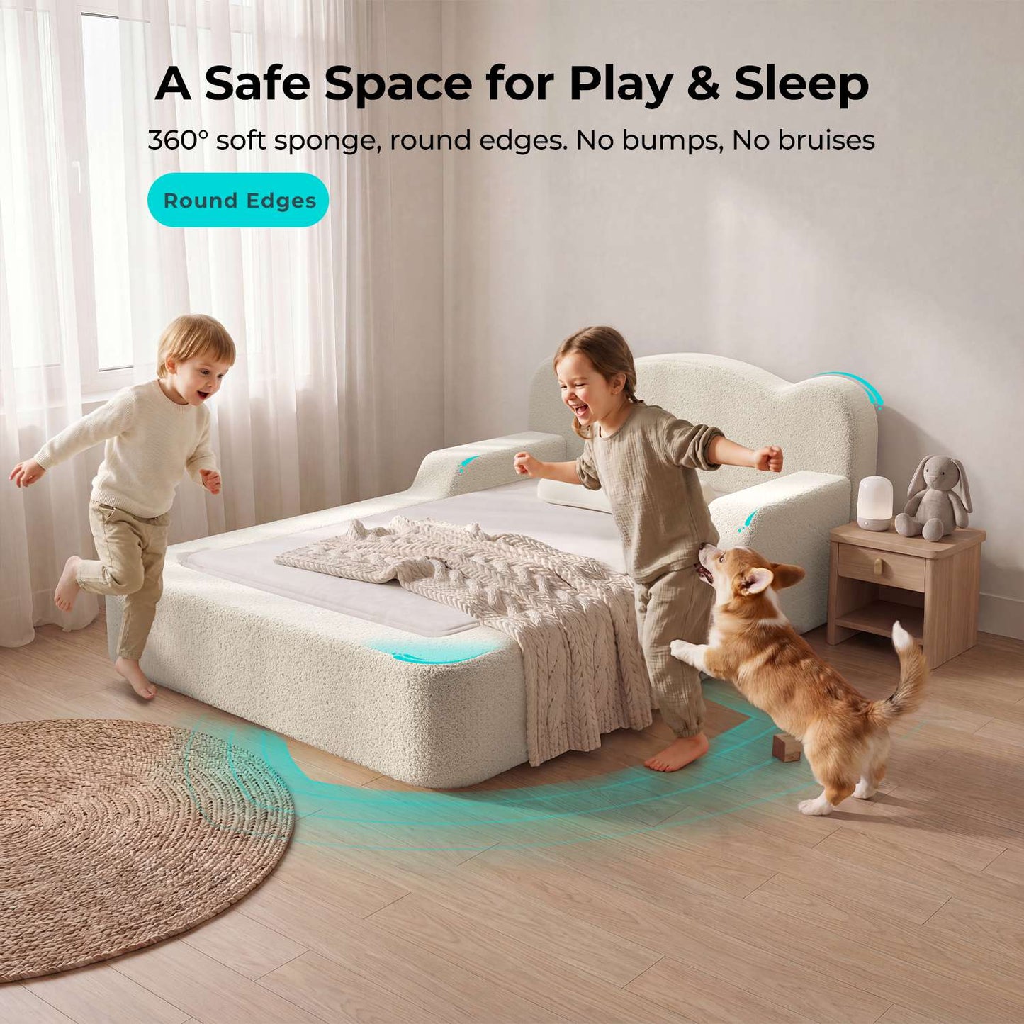ADORNEVE Toddler Twin Floor Bed with Upholstered Low Montessori Bed with Safety Guardrails 6 Inch Foam Cushioned