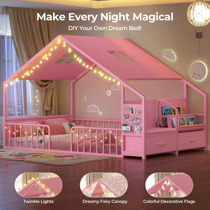 ADORNEVE Montessori Full Size Floor Bed with Safety Guardrails  House Bed with Reading Nook and Bookshelves Storage Drawers