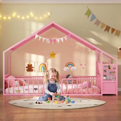 ADORNEVE Montessori Full Size Floor Bed with Safety Guardrails  House Bed with Reading Nook and Bookshelves Storage Drawers