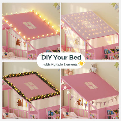 ADORNEVE Montessori Full Size Floor Bed with Safety Guardrails  House Bed with Reading Nook and Bookshelves Storage Drawers