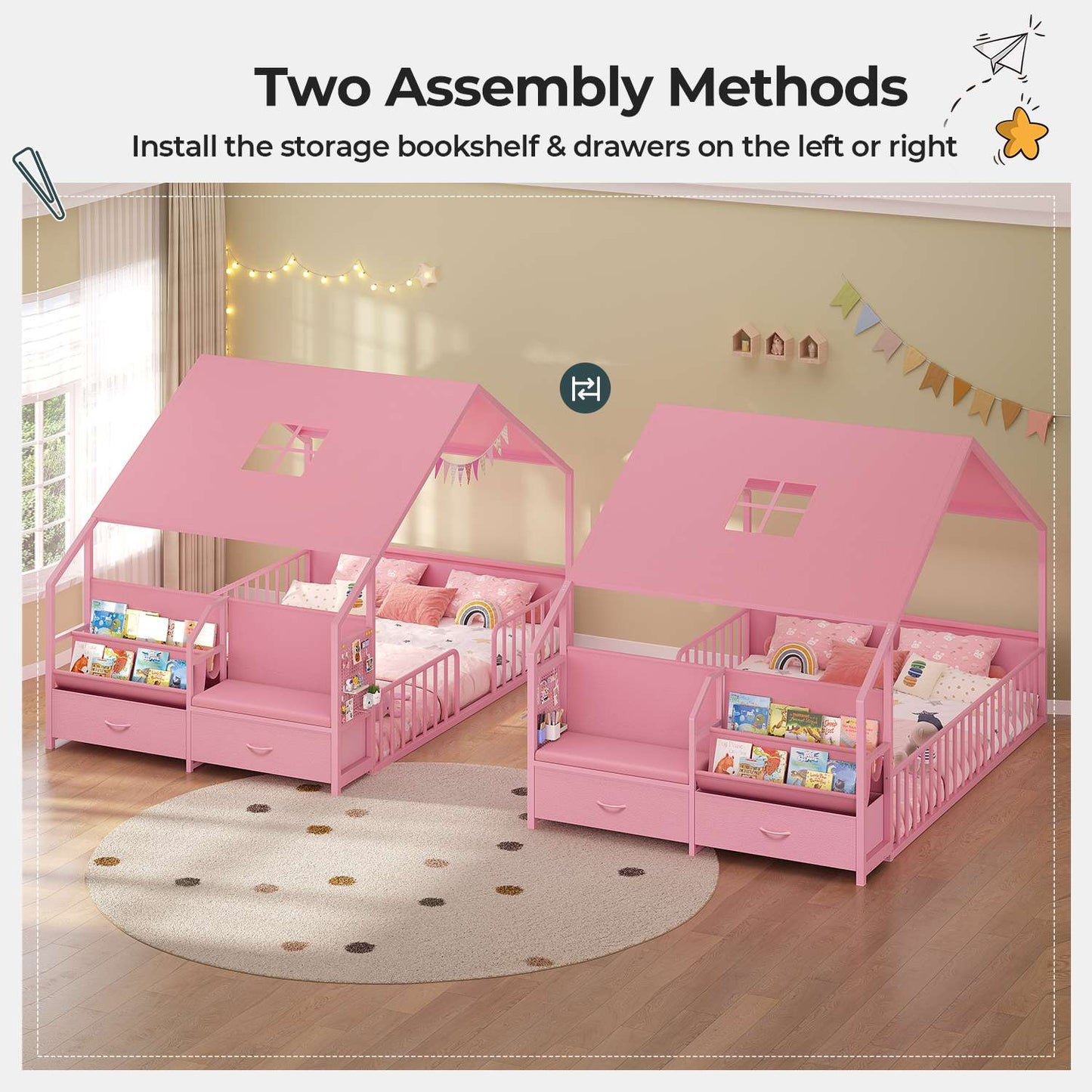 ADORNEVE Montessori Full Size Floor Bed with Safety Guardrails  House Bed with Reading Nook and Bookshelves Storage Drawers