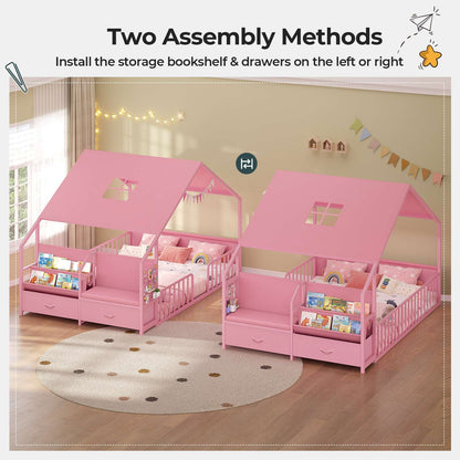 ADORNEVE Montessori Full Size Floor Bed with Safety Guardrails  House Bed with Reading Nook and Bookshelves Storage Drawers