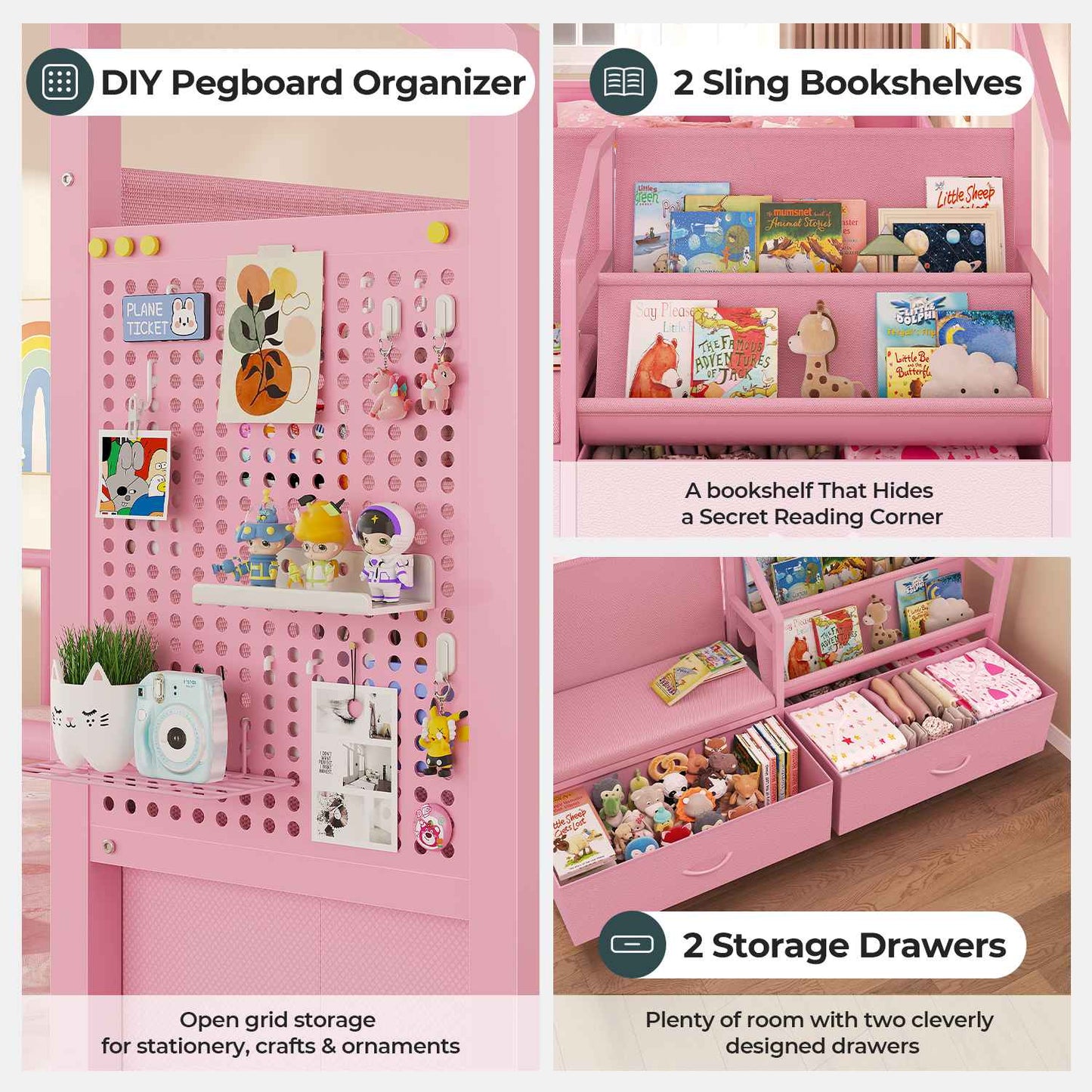 ADORNEVE Montessori Full Size Floor Bed with Safety Guardrails  House Bed with Reading Nook and Bookshelves Storage Drawers