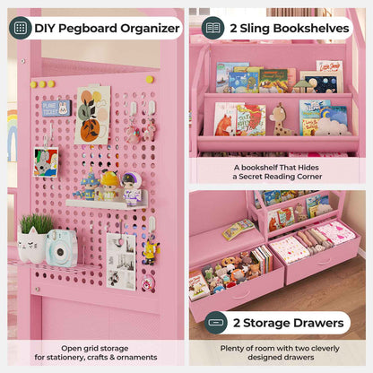 ADORNEVE Montessori Full Size Floor Bed with Safety Guardrails  House Bed with Reading Nook and Bookshelves Storage Drawers