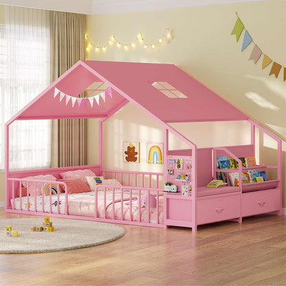 ADORNEVE Montessori Full Size Floor Bed with Safety Guardrails  House Bed with Reading Nook and Bookshelves Storage Drawers