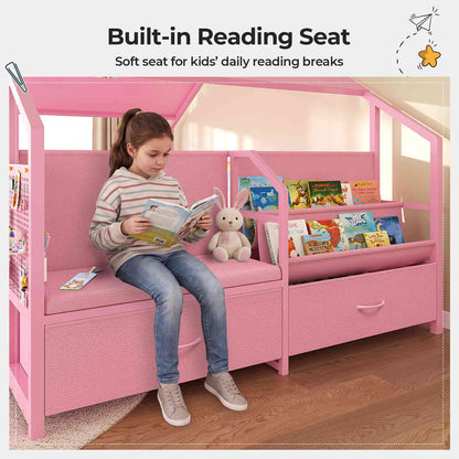 ADORNEVE Montessori Full Size Floor Bed with Safety Guardrails  House Bed with Reading Nook and Bookshelves Storage Drawers