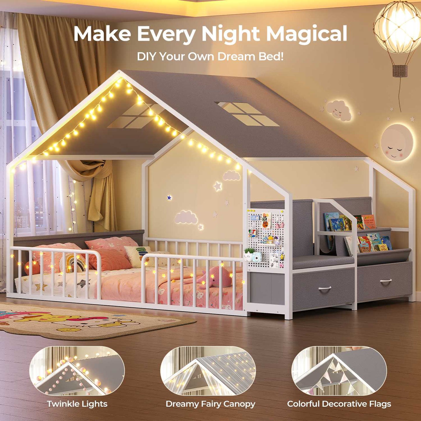 ADORNEVE Montessori Full Size Floor Bed with Safety Guardrails  House Bed with Reading Nook and Bookshelves Storage Drawers