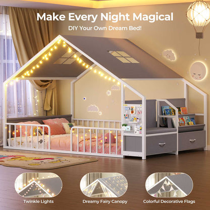 ADORNEVE Montessori Full Size Floor Bed with Safety Guardrails  House Bed with Reading Nook and Bookshelves Storage Drawers