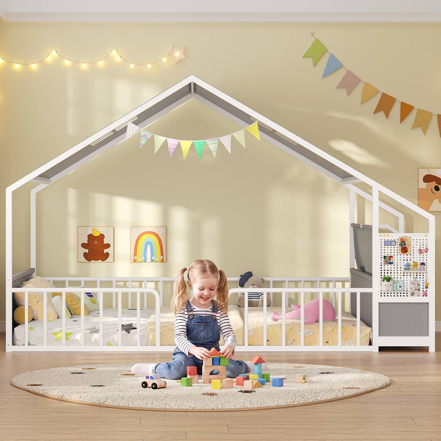 ADORNEVE Montessori Full Size Floor Bed with Safety Guardrails  House Bed with Reading Nook and Bookshelves Storage Drawers