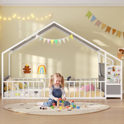 ADORNEVE Montessori Full Size Floor Bed with Safety Guardrails  House Bed with Reading Nook and Bookshelves Storage Drawers
