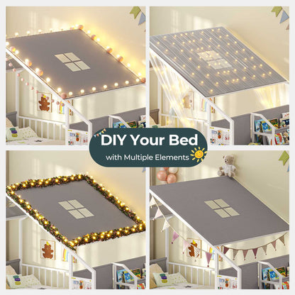 ADORNEVE Montessori Full Size Floor Bed with Safety Guardrails  House Bed with Reading Nook and Bookshelves Storage Drawers