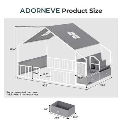 ADORNEVE Montessori Full Size Floor Bed with Safety Guardrails  House Bed with Reading Nook and Bookshelves Storage Drawers