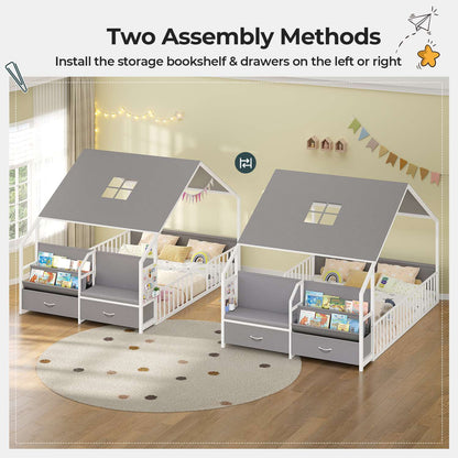 ADORNEVE Montessori Full Size Floor Bed with Safety Guardrails  House Bed with Reading Nook and Bookshelves Storage Drawers