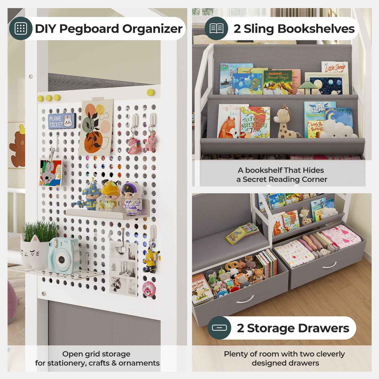 ADORNEVE Montessori Full Size Floor Bed with Safety Guardrails  House Bed with Reading Nook and Bookshelves Storage Drawers