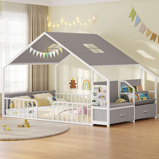 ADORNEVE Montessori Full Size Floor Bed with Safety Guardrails  House Bed with Reading Nook and Bookshelves Storage Drawers