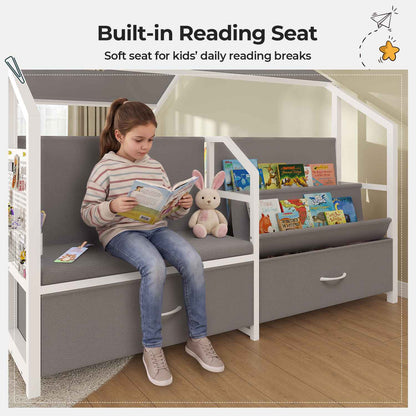 ADORNEVE Montessori Full Size Floor Bed with Safety Guardrails  House Bed with Reading Nook and Bookshelves Storage Drawers