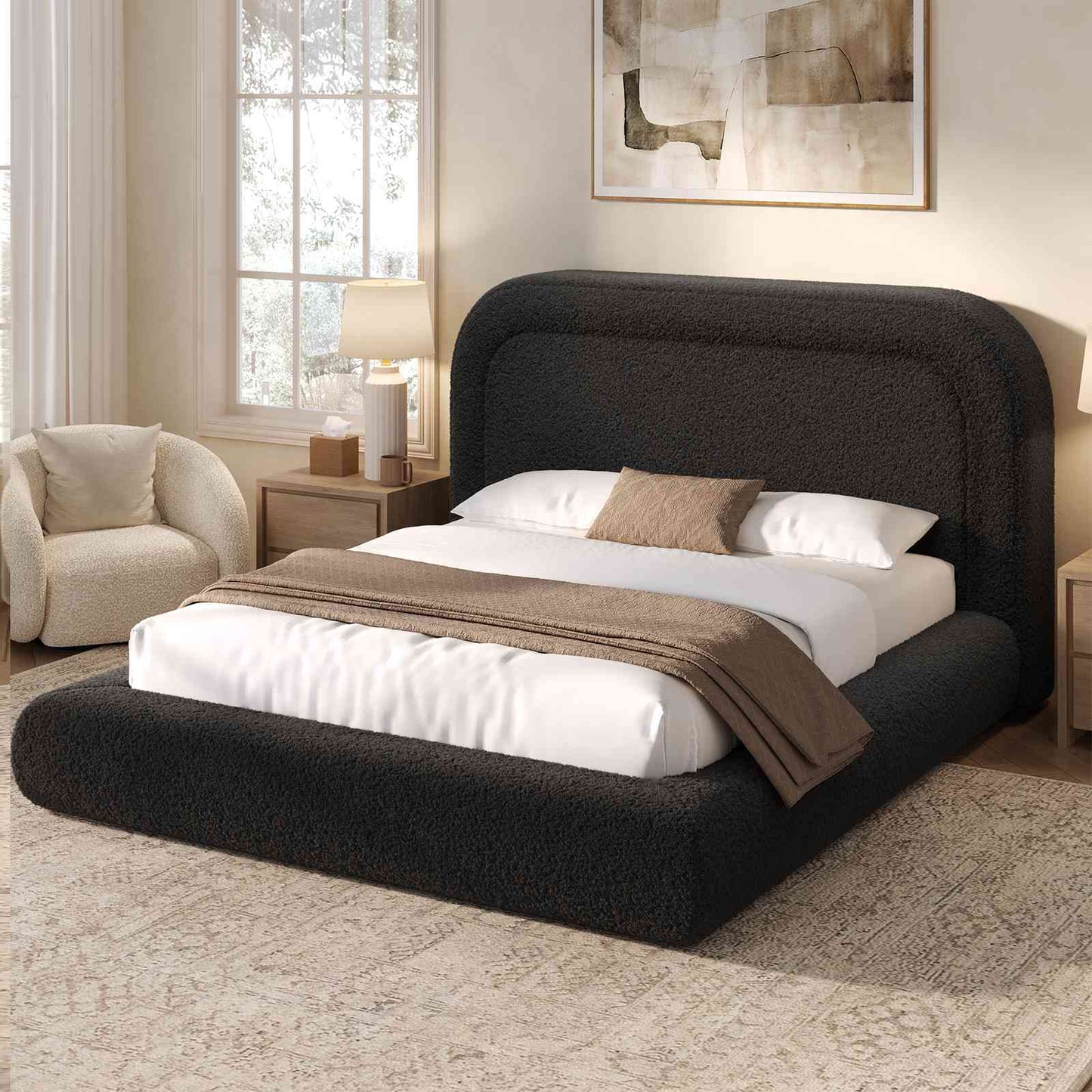 ADORNEVE Cloud Bed Frame Queen with 5.9" Headboard and 5 Inch Foam Cushioned Upholstered Platform Bed with Curve Round for Young Adults Kid and Pet Families