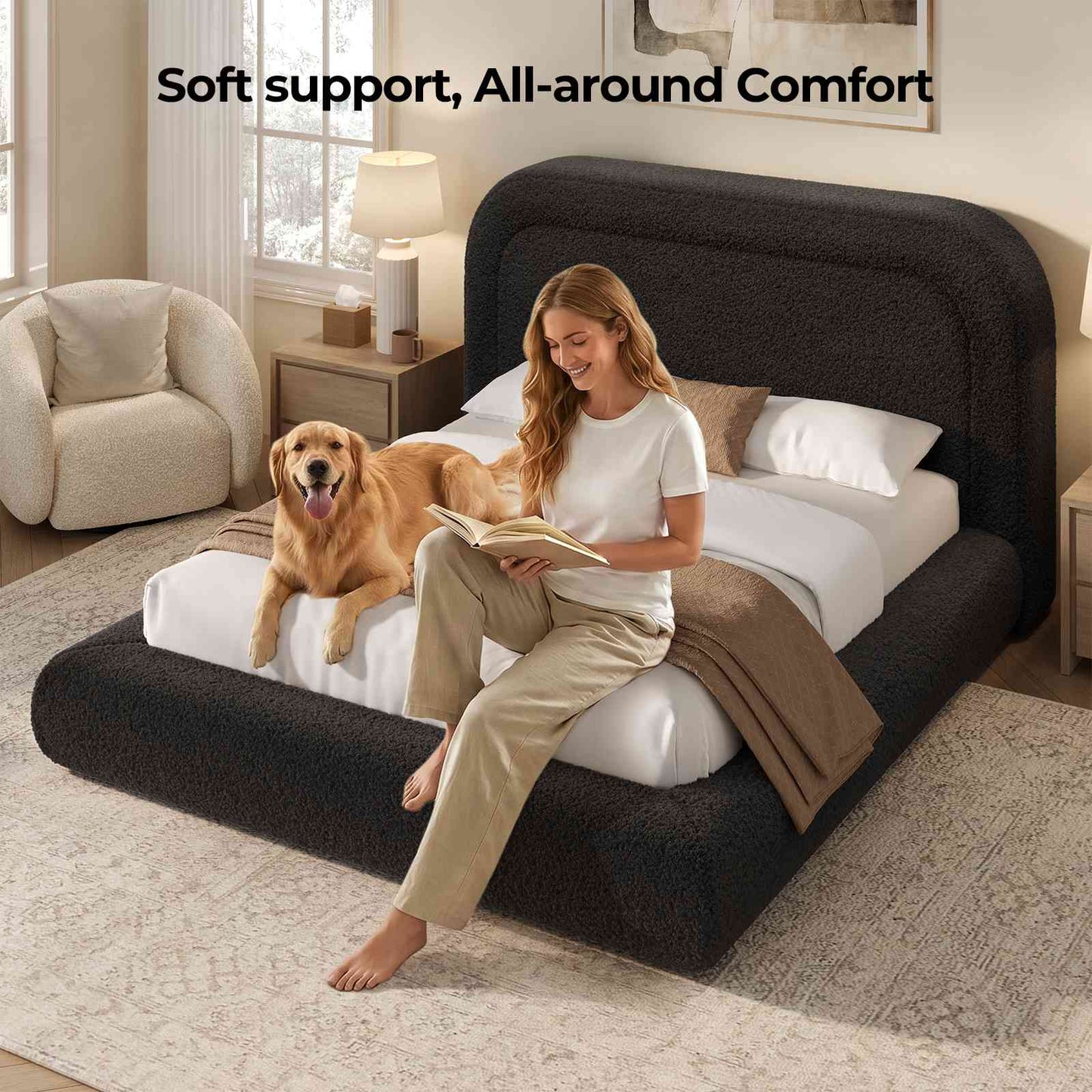 ADORNEVE Cloud Bed Frame Queen with 5.9" Headboard and 5 Inch Foam Cushioned Upholstered Platform Bed with Curve Round for Young Adults Kid and Pet Families