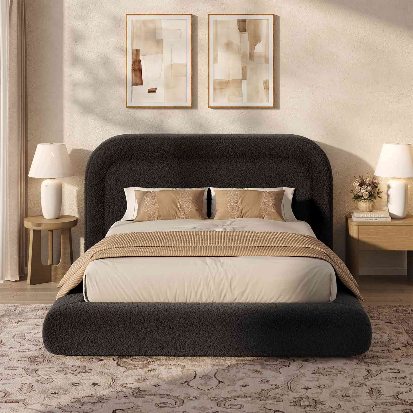 ADORNEVE Cloud Bed Frame Queen with 5.9" Headboard and 5 Inch Foam Cushioned Upholstered Platform Bed with Curve Round for Young Adults Kid and Pet Families