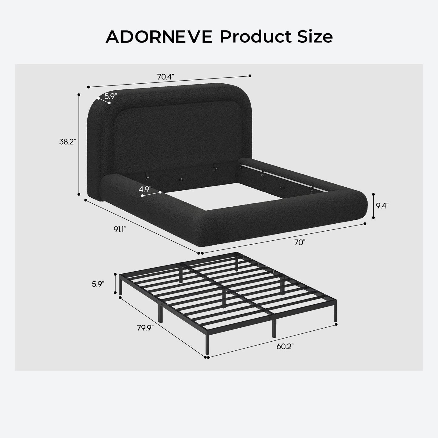 ADORNEVE Cloud Bed Frame Queen with 5.9" Headboard and 5 Inch Foam Cushioned Upholstered Platform Bed with Curve Round for Young Adults Kid and Pet Families