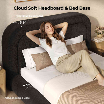 ADORNEVE Cloud Bed Frame Queen with 5.9" Headboard and 5 Inch Foam Cushioned Upholstered Platform Bed with Curve Round for Young Adults Kid and Pet Families