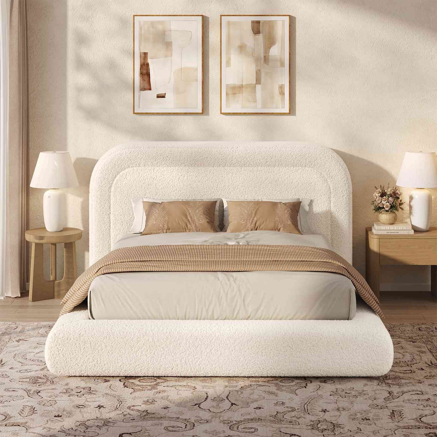 ADORNEVE Cloud Bed Frame Queen with 5.9" Headboard and 5 Inch Foam Cushioned Upholstered Platform Bed with Curve Round for Young Adults Kid and Pet Families